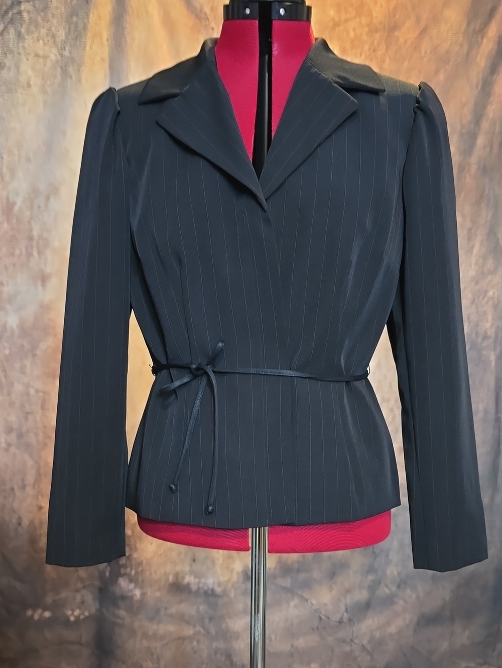 Haggar Black Pinstripe Women's Suit with skinny Tie and matching pants